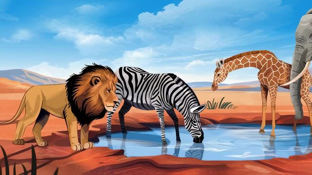 Wild animals gathering at waterhole in african savannah illustration. Lion, zebra, giraffe and elephant drinking water. Educational wildlife conservation concept.