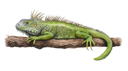 Realistic illustration of a vibrant green iguana resting on a wooden branch, showcasing detailed textures and colors