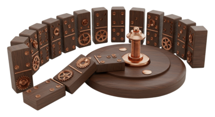 Steampunk domino effect concept with falling gears on white background