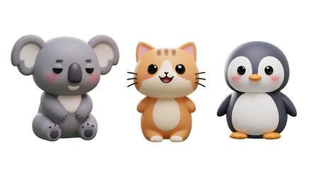 Obraz premium Cute 3D cartoon koala, kitten, and penguin characters with happy expressions on white background — adorable animal design for kids and digital art projects