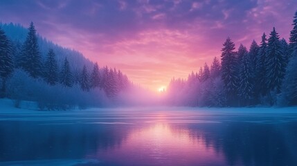 Fototapeta premium A tranquil frozen lake at dawn with mist rising between pine trees in gradient shades of cool pink and blue in a matte painterly fantasy style.