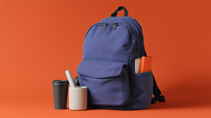 A student's backpack ready to go with supplies peeking out, stock Photography style, background solid
