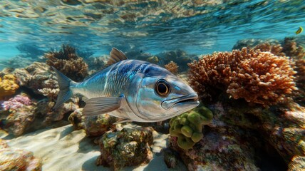 Obraz premium Tuna swimming in crystal-clear ocean, vibrant coral background, 3D illustration , closes up