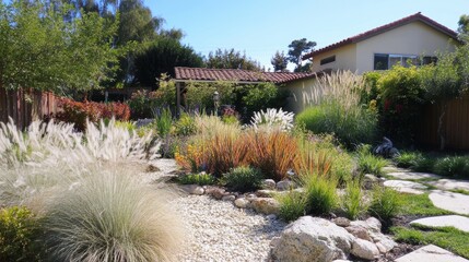 Obraz premium Tranquil Garden Setting with Lush Greenery, Colorful Plants, Stone Pathway, and Modern Home in Bright Daylight under Clear Blue Sky
