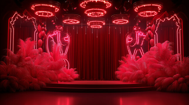 Neon cabaret fantasy: glowing red stage with feathers, curtains, and dramatic lighting in a retro-futuristic show setting