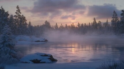 Fototapeta premium A tranquil frozen lake at dawn with mist rising between pine trees in gradient shades of cool pink and blue in a matte painterly fantasy style.