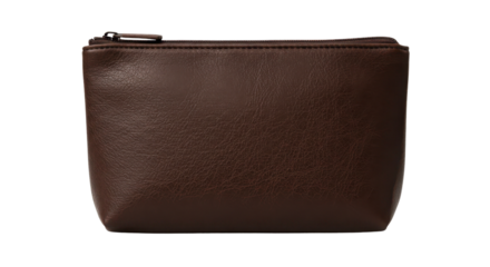 Dark brown leather cosmetic bag with zipper isolated PNG with Transparent Background