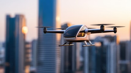 A futuristic drone soaring above a bustling city skyline at sunset, showcasing innovation