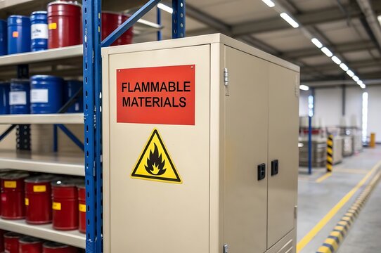Caution: Flammable Materials Zone: The image highlights a cabinet within a warehouse, warning of flammable materials. Focus on safety and industry practices.