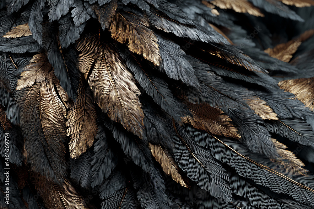 Poster close-up of black and gold feathers texture, layered and overlapping, creating a luxurious and elega