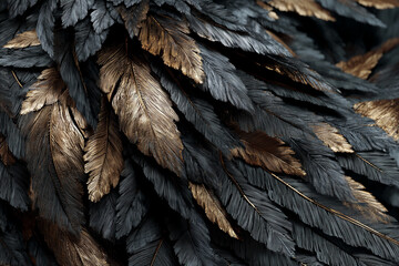 Close-up of black and gold feathers texture, layered and overlapping, creating a luxurious and elegant appearance, ideal for design projects or background