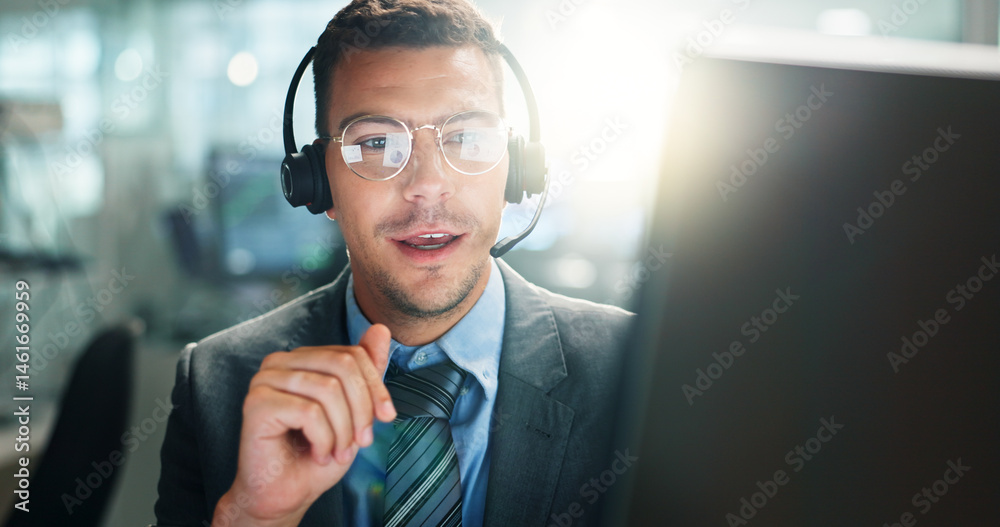 Poster call center, help and businessman with computer in office consulting or crm, sales and customer supp
