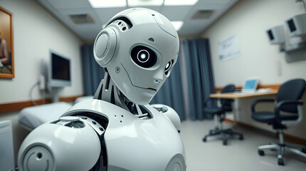 A white humanoid robot in a rehabilitation setting, Generative Ai