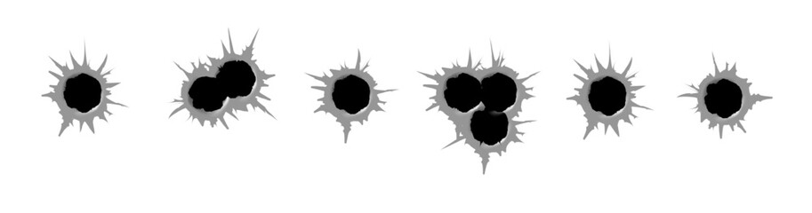 Bullet hole template. Damage and cracks on surface from bullet. Vector