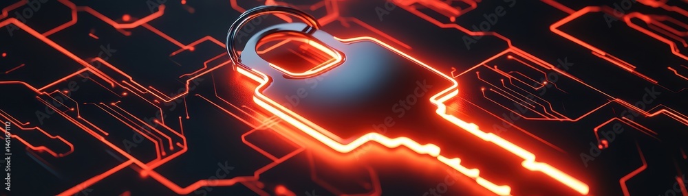 Poster digital lock with key overlay on circuit board background representing cybersecurity and data protec