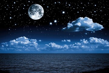 A vast, dark ocean under a starlit night sky with a full moon