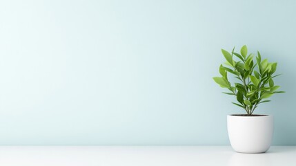 Fototapeta premium A green potted plant sitting on a white shelf against a light blue wall, minimalist interior design, and modern home decor concept.