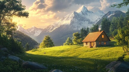 Peaceful mountain chalet at sunrise, nestled in a valley. Lush greenery surrounds the charming wooden house with snowy peaks in the background.