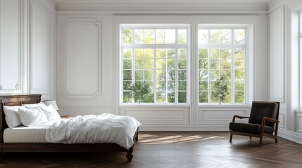 Fototapeta premium Modern classic bedroom 3d render. The rooms have wooden floors and white walls. Furnished with black wood furniture. There are large window overlooking to outside 