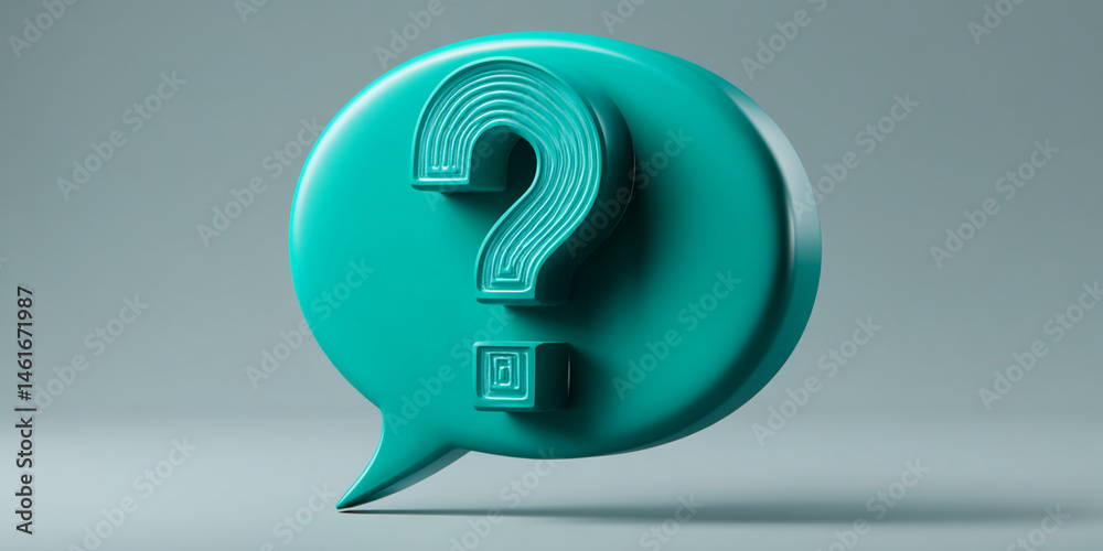 Poster teal speech bubble with embossed question mark, simple 3d rendering, representing inquiry, query, or
