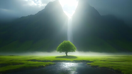 Solitary tree illuminated by light in nature landscape