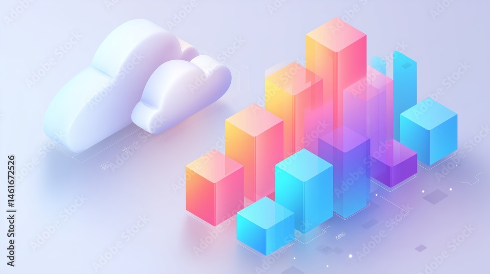 Poster abstract data cloud and bar charts floating in clean vector space, minimal isometric design, room fo