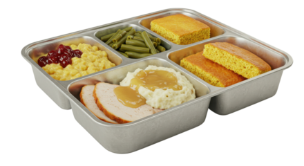 Frozen turkey dinner meal in divided aluminum tray on white background