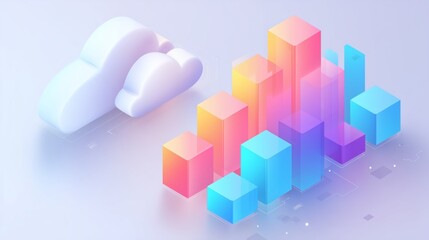 Fototapeta premium Abstract data cloud and bar charts floating in clean vector space, minimal isometric design, room for text