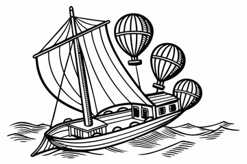 5 Vintage scientific illustration, sailing ship model, spherical balloons, boat-shaped base, vertical mast, sail, black and white engraving, detailed cross-hatching, surreal floating structure, steamp