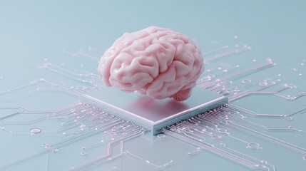 AI brain chip floating above network grid, minimal vector design, pastel color palette, futuristic but clean, space for text on side, tech UI inspired