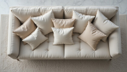 High Angle View: Soft Cream Sofa Overflowing with Neutral Textured Cushions – Ideal for Modern Home Decor & Comfort Themes (194 characters)

