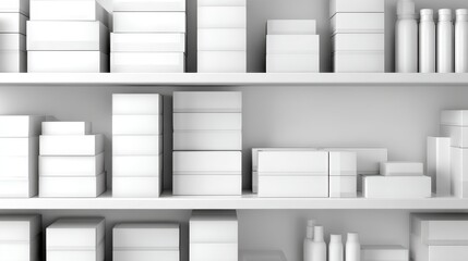 A minimalist display of various white boxes and containers on shelves in a modern setting