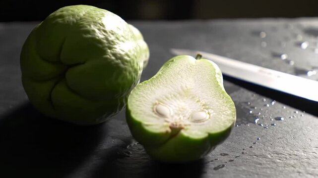 Fresh green fruit with unique texture and shape, sliced to reveal seeds on a dark countertop - sayote | chayote