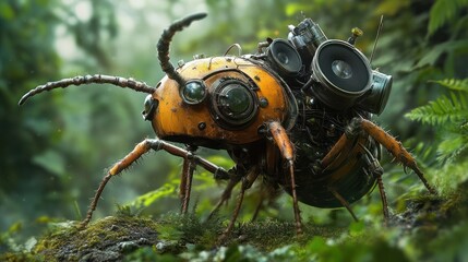 Fototapeta premium Steampunk insect in a lush jungle