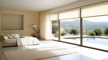 Obraz premium modern cream and white master bedroom with large sliding glass doors. 