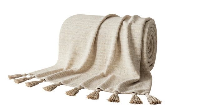Rolled tan woven throw blanket with tassels isolated PNG with Transparent Background