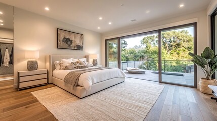 Fototapeta premium modern cream and white master bedroom with large sliding glass doors. 