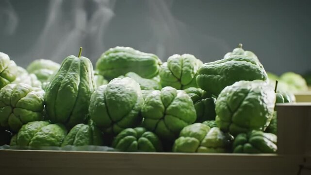 Fresh green chayote vegetables steaming in a wooden crate, showcasing their vibrant color and texture - sayote | chayote