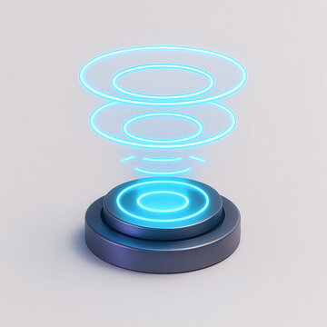 Leuchtendes holografisches Interface mit schwebenden Kreisen &uuml;ber einem modernen Sockel &ndash; futuristisches Technologie-Konzept.