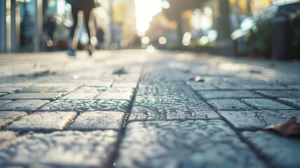 Fototapeta premium Ground-level photo of sidewalk with urban background stock photo --ar 16:9 --raw --v 6 Job ID: c84e7bb8-c5ca-43f1-b624-87e236e84065