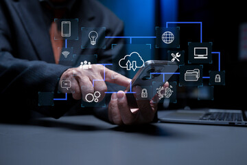 Hand touching secure access service edge icon on smartphone virtual screen background, password,...