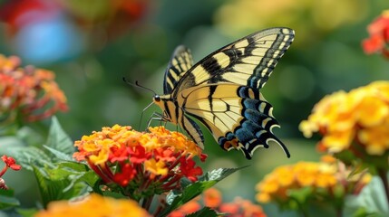Obraz premium A swallowtail butterfly pollinating flowers.