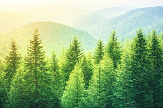Lush evergreen forest at dawn, sunlit mountain peaks in the background.  Dense rows of coniferous trees stretch across the vista, bathed in golden morning light - Powered by Adobe