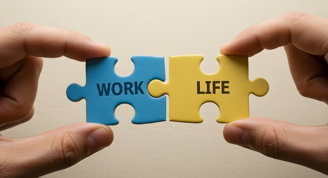 AI image hands holding two connecting puzzle pieces, blue for "WORK" and yellow for "LIFE," symbolizing integration and balance.
