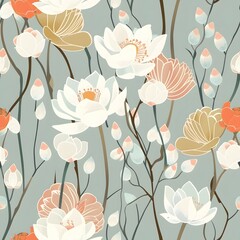 Floral artistry seamless pattern of lotus flowers and japanese plum nature digital design serene aesthetic beauty