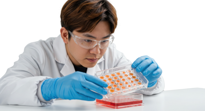 Focused Asian Scientist Examining Multi-Well Plate with Red and Orange Samples in Laboratory