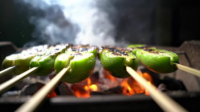 Grilled Green Peppers on Skewers Over Flames with Smoke Rising in a Rustic Outdoor Setting - sayote | chayote