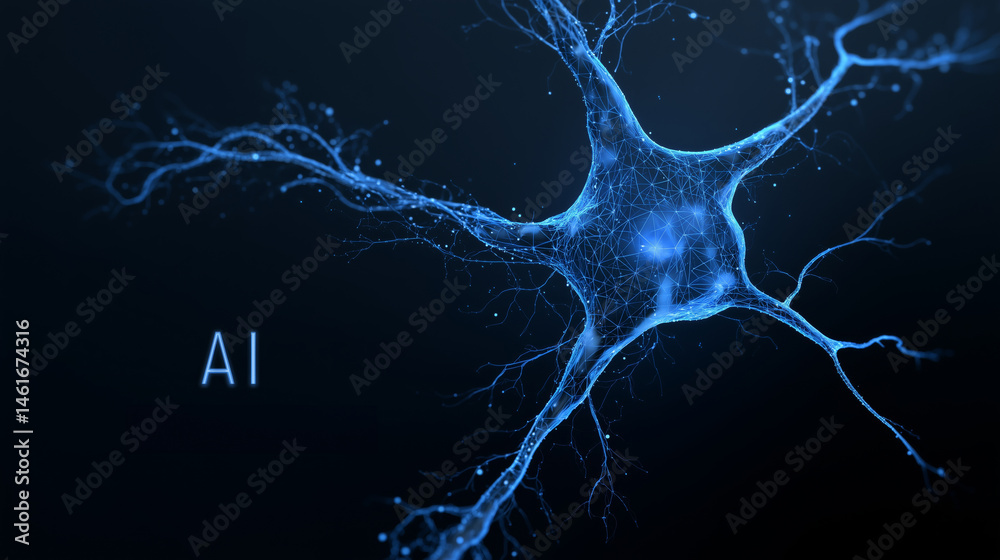 Poster blue neural circuit pattern vector with ai label icon