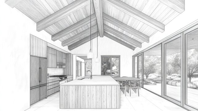 Interior sketch of a modern rustic kitchen with vaulted ceiling.