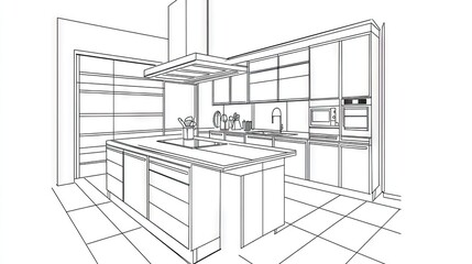 Architectural sketch of a modern kitchen design.